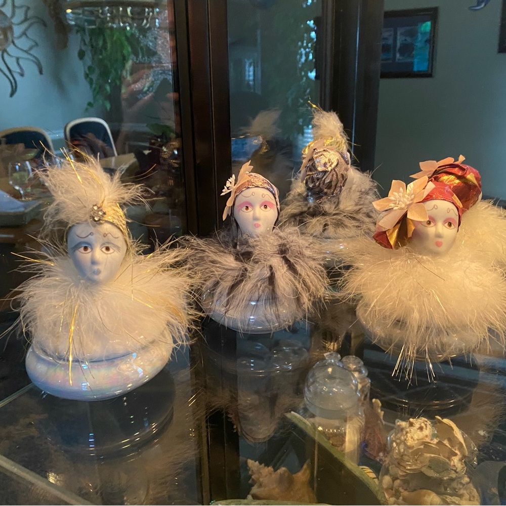 Trio of feather laden, geisha, girl, tinket holders from the 90s